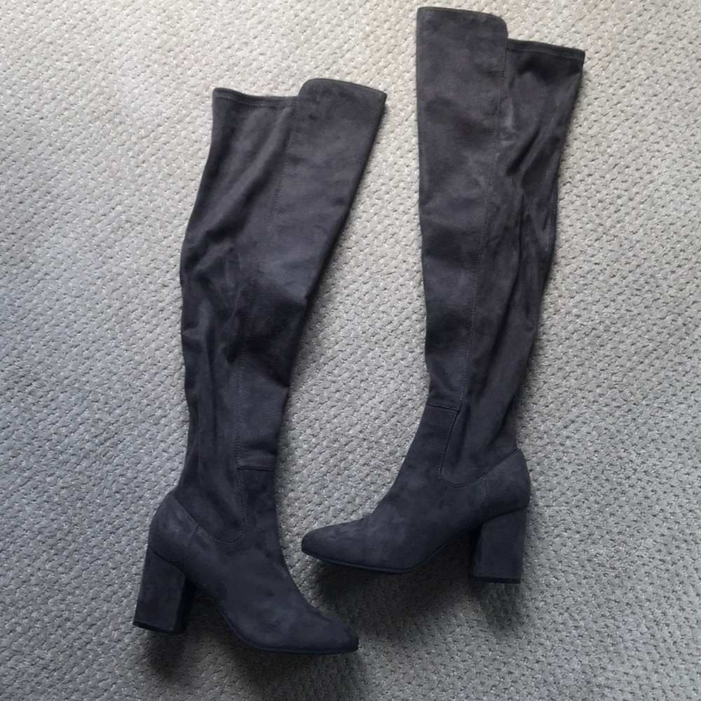 8, Charcoal Faux suede knee high boots